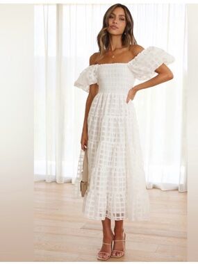 Pretty Garden Off-Shoulder White Smocked Midi Dress with Puff Sleeves NWT